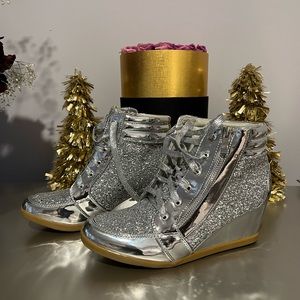 Silver Glitter High-Top Wedge Sneakers